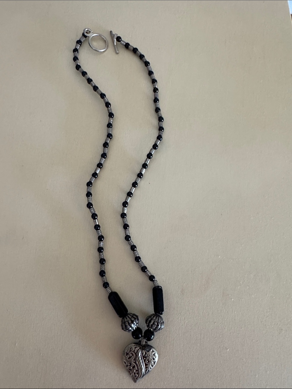 Black Beaded Heart Pendant Necklace